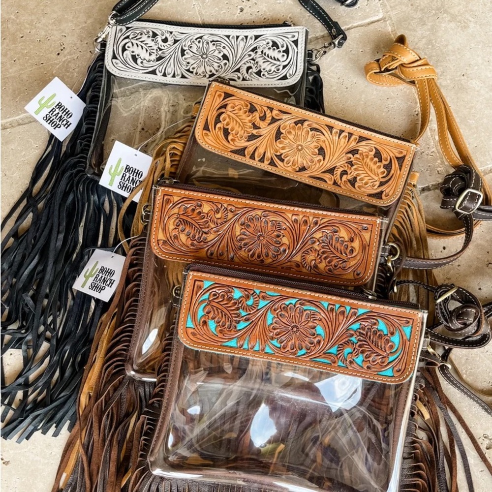 Boho Ranch - Western Tooled Leather Clear Crossbody Purse hand tooled concert - Picture 2 of 10